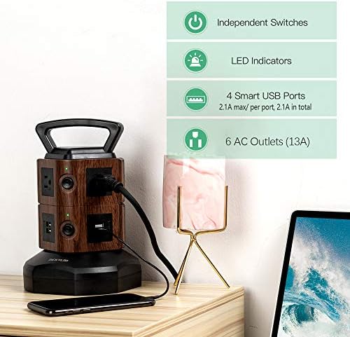 JACKYLED Power Strip Tower Surge Protector with 12 Outlets and 6 USB Ports (2 USB-C) – High-Speed Charging Station with 1050 Joules Protection, 1625 Watts, 6.5 ft Extension Cord for Enhanced Home Office Efficiency and Device Safety