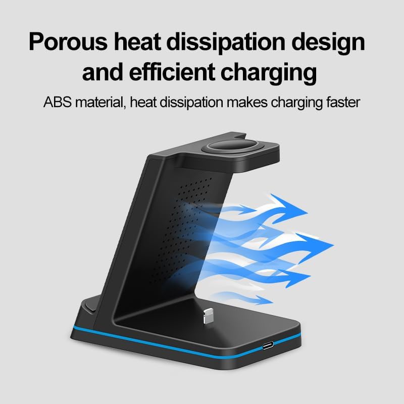 All-in-One 3 in 1 Wireless Charging Station for i Phone 11-16, Apple Watch, and Air Pods – Fast QC3.0 Adapter Included, Sleek Design for Tidy Charging Solution, Enhanced Device Compatibility and Safety Features
