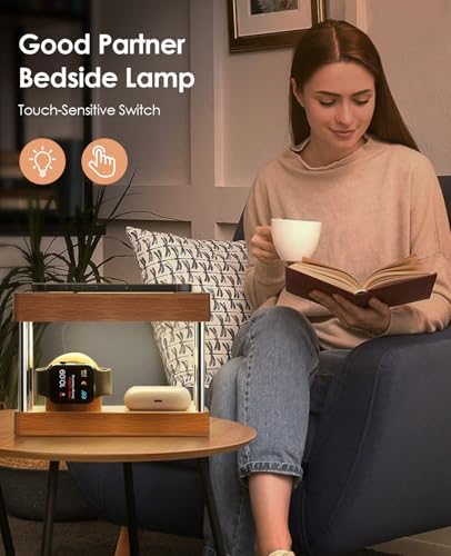 Eco-Friendly Bamboo Wireless Charging Station with Alarm Clock – Multi-Device Bedside Charger for i Phone, Air Pods & i Watch – Fast Charging & Adjustable Night Light – Perfect Gift for Him or Her