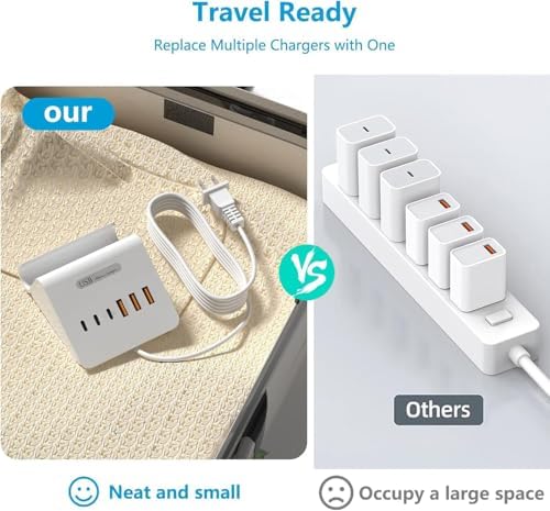 VHBW 35 W 6-Port USB C Charging Hub – Innovative Multi-Device Fast Charging Station with 3 USB-C & 3 USB-A Ports – Optimal Compatibility for i Phone 14/13/12 & Samsung Galaxy S23/S22/S21 – Smart Power Distribution for Rapid Charging Efficiency