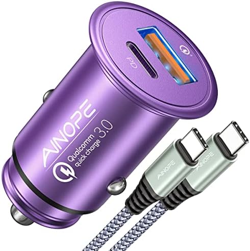 Compact AINOPE 67.5 W USB-C Car Charger – Fast Charging Dual Port QC3.0 Adapter for i Phone 16 & Samsung Galaxy – Mini Cigarette Lighter Accessory in Stylish Purple for Efficient On-the-Go Power Solutions