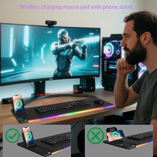 Ultimate RGB Gaming Mouse Pad with 15 W Wireless Charger and Phone Stand – High-Speed Qi-Compatible Charging Desk Mat for Enhanced Gaming Setup and Productivity, Customizable Lighting Modes, Durable Waterproof Design, Ideal Birthday Gift for Tech Enthusiasts and Gamers