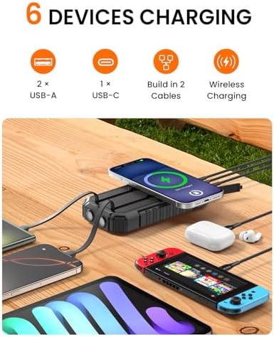 Riapow 27000 m Ah Solar Power Bank: Ultimate Wireless Portable Charger with Fast 22.5 W Charging, Built-in Cables, PD & QC3.0 for i Phone & Tablets, Enhanced Emergency Flashlight, Durable Black Design for Outdoor Adventures and Daily Use