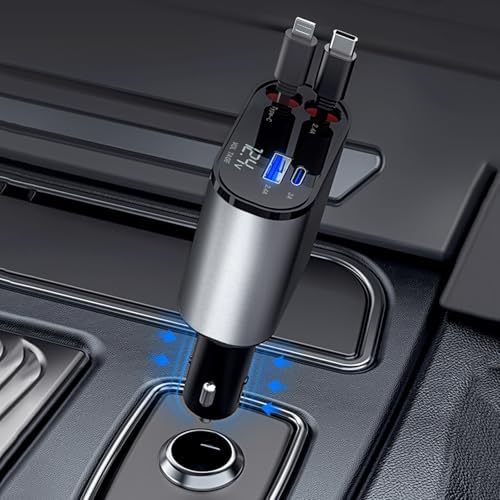 Kwak’s Retractable USB C Car Charger – Ultra-Fast Charging Adapter with Dual Apple Cables for i Phone 14, 13, 12, 11 | Tidy Retractable Design for Effortless On-the-Go Power Solutions | Compact & Portable Vehicle Charging Accessory