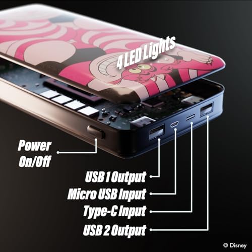 Disney Alice in Wonderland Portable Power Bank – 10,000 m Ah Slim Charger with USB-A for All Devices – Chic Cheshire Cat Design for Disney Fans – Ideal Travel Companion and Unique Gift for All Ages – Perfect for Charging Smartphones, Headphones, and Smartwatches – Officially Licensed Disney Merchandise