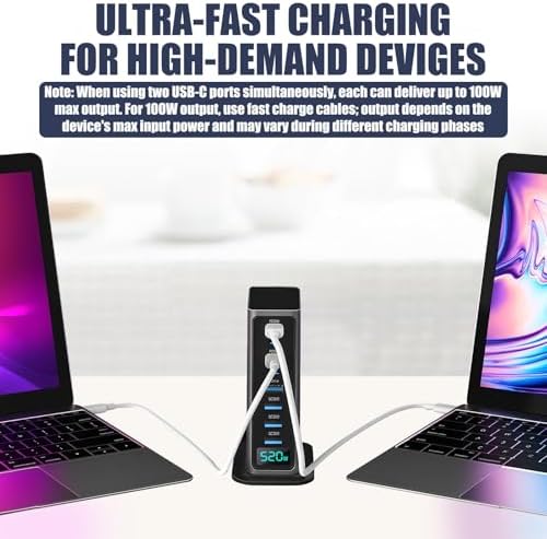 520 W Ga N USB C Fast Charging Station – 8-Port Multi-Device Charger with Dual 100 W PD3.1 PPS Ports for Rapid Laptop and Smartphone Charging – Ideal for Mac Book, i Phone 16, i Pad & More – Compact, Durable, and Smart Technology for Efficient Power Management