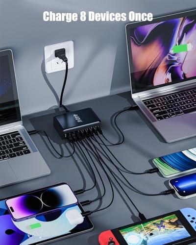 Powerful 440 W Ga N III USB-C Charging Hub with 8 Ports – Fast Multi-Device Charger for Mac Book Pro, i Phone 16/15, Samsung Galaxy & Dell – Versatile Charging Station with 5 ft Extension Cord for Ultimate Convenience and Efficiency