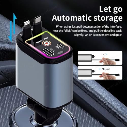 Revolutionize Your Road Trips with the Retractable 4-in-1 Fast Car Charger – Dual Retractable Cords (Type C + i OS) and 2 USB Ports for Multi-Device Power | RGB Starlight Design for Enhanced Aesthetics | High-Speed Charging Compatibility for Android & i Phone Models – Charge Up to 4 Devices Simultaneously