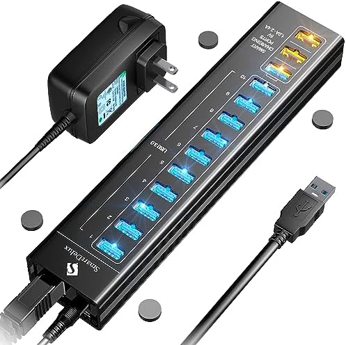 Maximize Your Device Connectivity with the Smart Delux 10-Port Powered USB 3.2 Hub – Lightning-Fast 10 Gbps Transfer Speeds, Individual LED Control Switches, and 60 W Power Adapter for Ultimate Device Management – Perfect USB Solution for Laptops, PCs, and More!