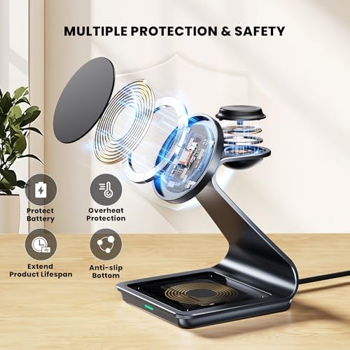 Ultimate 3-in-1 Wireless Charging Station for i Phone 16/15/14/13/12 – Mag Safe Certified Fast Charger for Apple Watch & Air Pods Pro with 18 W Adapter & Cable Included – Sleek Design with Enhanced Safety Features for Home & Office Use