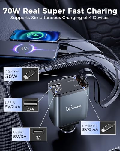 Ultimate Retractable Car Charger PT-27: 4-in-1 Fast Charging Adapter with Dual USB Ports & 31.5-Inch Cables for i Phone & Samsung – Compact, Tangle-Free Power Solution for On-the-Go Connectivity