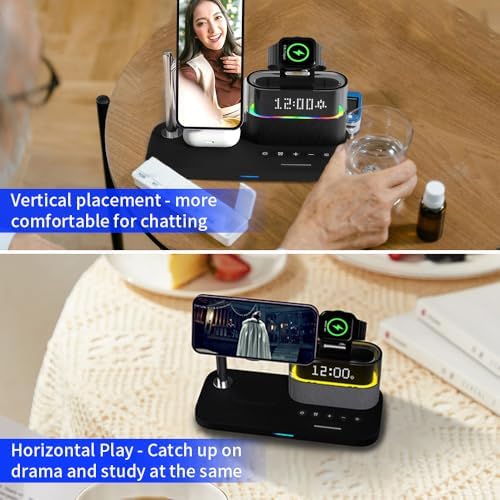 Revolutionary 5-in-1 Magnetic Charging Hub: Ultra-Fast Wireless Station for i Phone 12-15 & i Watch Series 2-9 with Customizable RGB Ambient Lighting and Integrated Digital Clock for Optimal Charging Efficiency and Aesthetic Appeal