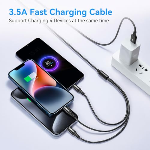 Versatile 3 in 1 Braided USB Charging Cable – 2 Pack, Fast 3.5 A Charge, 6 ft Length, Compatible with i Phone 15/14/13/12/11/X/8/7, Samsung Galaxy, Google Pixel, and More – Durable Multi-Device Charger for Home, Office, and Travel