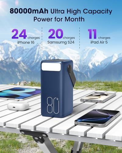 Ultra High-Capacity 70000 m Ah Power Bank – 22.5 W Fast Charging Portable Charger with LED Display & Built-In Flashlight – Ideal for Camping, Travel, and Emergency Use – Multiple Outputs for i Phone, Samsung, i Pad, and More – Stay Connected Anywhere with Long-Lasting Power Solution – Lightweight Design with Convenient Carry Strap and Real-Time Power Monitor – Comprehensive Safety Features Including Overcharge and Short Circuit Protection – Perfect for Outdoor Adventures and Unexpected Power Outages – Includes USB-C Charging Cable and 2-Year Customer Support for Peace of Mind