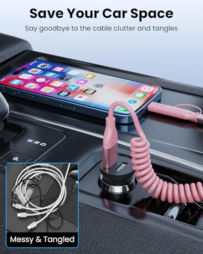 4-in-1 Retractable Lightning & USB-C Charging Cable – 60 W Fast Charge Compatible with i Phone 6-16, Perfect for Car Play and On-the-Go Power Solutions, Durable Coiled Design, 4 FT Tangle-Free Cable for Effortless Charging and Ultimate Convenience in Black