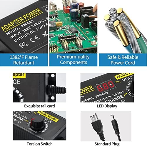Versatile 3 V-24 V Adjustable Power Supply Adapter – 5 A 120 W AC/DC Converter with 14 DC Tips & Polarity Switch for Seamless Compatibility with LED Strips, Printers, Speakers – Efficient High-Speed Power Solution for Home and Travel Use