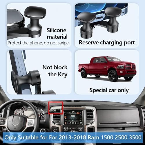 Secure Fit Car Phone Holder Mount for 2013-2018 Ram 1500, 2500, 3500 | 360° Adjustable Smartphone Cradle | Hands-Free Navigation and Calling | Durable Interior Accessory Enhancing Driver Safety and Convenience