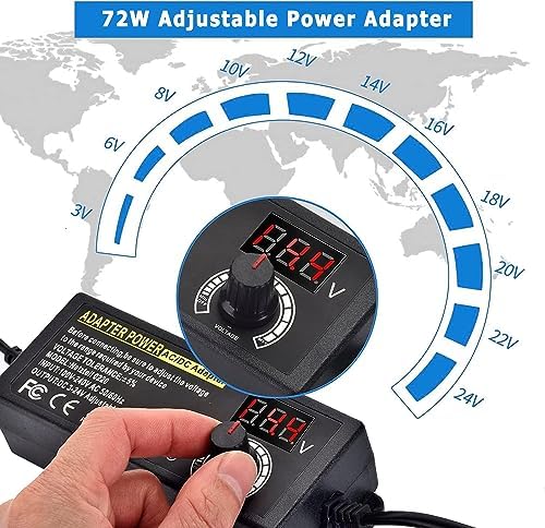 Versatile Adjustable DC Power Supply 3 V-24 V with Digital Voltage Display and 14 Interchangeable Tips – High-Efficiency Universal AC/DC Adapter for Global Use, 3 A 72 W Output for Reliable Device Compatibility