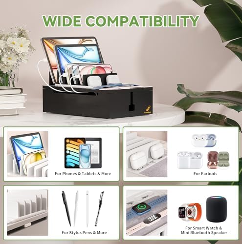 Pezin & Hulin Eco-Friendly Bamboo Charging Station – 10-Port USB Dock Organizer with 6 Cables, Enhanced Power Supply & Cable Management for Multi-Device Charging, Sleek Natural and Black Design for Homes and Offices