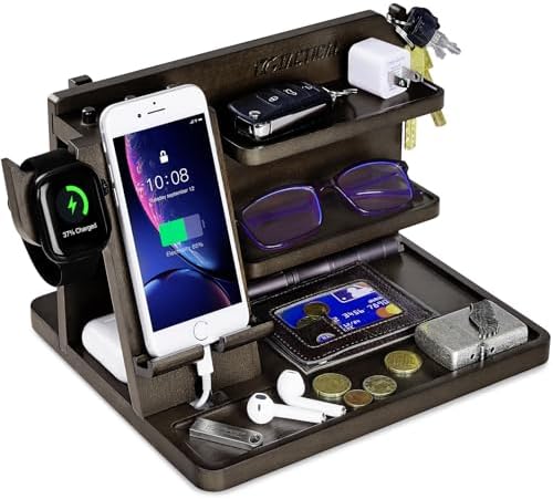 Nightstand Organizer, Wood Phone Docking Station with Adjustable Rack, Bedside Desk Organizer, EDC Tray for Men, Dads, Husbands – Ideal for Anniversaries and Birthdays – Dark Brown – Enhanced Compatibility and Speed