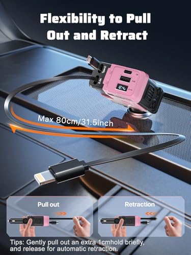 Celestial Power: 4-in-1 Starlight Retractable Car Charger with Fast Dual USB Ports – Compatible with i Phone 15/14/13 – Innovative Tangle-Free Charging Solution for Enhanced Portability and Style