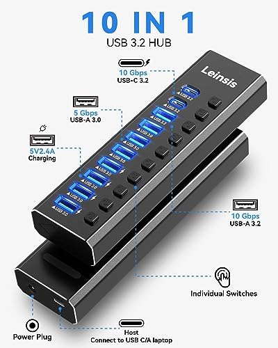 LEINSIS Ultra-Fast 10-Port USB Hub 3.2 – Premium Aluminum Design with 2 USB-C & 7 USB 3.0 Ports for Lightning-Speed Data Transfer – Individual On/Off Switches & 12 V Adapter for Ultimate Device Control and Compatibility