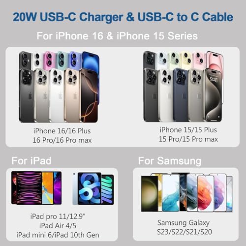 Swift Charge 20 W USB-C Charger for i Phone 15 & i Pad – 6 FT Cable Included – Rapid Power Solution for i Phone 16 Pro Max, i Pad Pro, Mini & Air – Lightweight, Durable, and Versatile Charging Block for All Your Devices – Say Goodbye to Long Wait Times with Enhanced Compatibility and Safety Features
