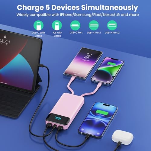 High-Capacity 40800 m Ah Portable Charger with Integrated Cables – Fast PD 25 W USB-C & QC4.0 Power Bank for i Phone 15/16 and Samsung – Smart LED Indicator, 5 Outputs for Multi-Device Charging – Ultimate Travel Companion for On-the-Go Power Solutions