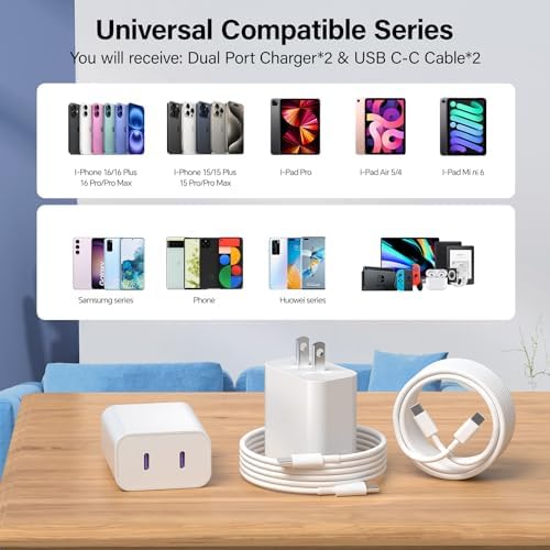 Rapid Charge Dual-Port 20 W USB-C Power Adapter & 6 FT Cable for i Phone 16/15, S24, S23 – Efficient Fast Charging Solution for Home & On-the-Go Use – Sleek White Design with Enhanced Compatibility and Durability