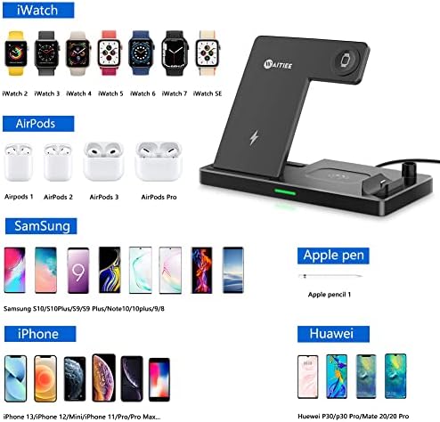 Ultimate WAITIEE 5-in-1 Wireless Charging Station for Apple Devices – Rapid Charge Dock for i Phone 13/12/11, All Apple Watch Models, Air Pods, and Apple Pencil – Elegant Black Finish with Enhanced Safety Features for Streamlined Charging Efficiency