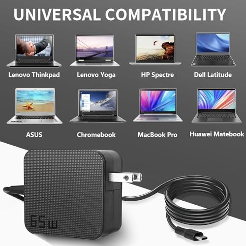 65 W Universal USB-C Fast Power Adapter – High-Efficiency Charger for Chromebooks, Mac Book Pro, Dell Latitude, Lenovo Think Pad, and ASUS Laptops – Quick Charge PD3.0 Technology for Optimal Performance Across USB-C Devices – Ideal Replacement for 61 W/65 W Chargers – Enhanced Compatibility for All Your Gadgets