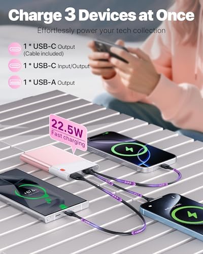 Ultra-Slim 10000 m Ah Power Bank with 22.5 W PD Fast Charging – Built-in USB-C Cable for i Phone 16/15/14, Samsung S24 & More – Lightweight Travel Essential with 15-Layer Safety Protection & Multiple Device Charging Capability