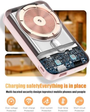 Essri 10000 m Ah Wireless Magnetic Power Bank – PD 22.5 W Fast Charging Portable Charger with Built-in Cable for Mag Safe i Phone 16/15/14/13/12 Series – Stylish Pink Design with Integrated Stand for On-the-Go Convenience and Seamless Power Solutions