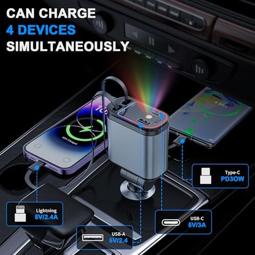 Versatile Retractable Car Charger – 4 in 1 Fast Charging Solution with Dual Type C Cables and 2 USB Ports for i Phone 15/14/13/12/11 Pro Max, Galaxy, Google Pixel – Tangle-Free Convenience & Enhanced Speed for Modern Drivers