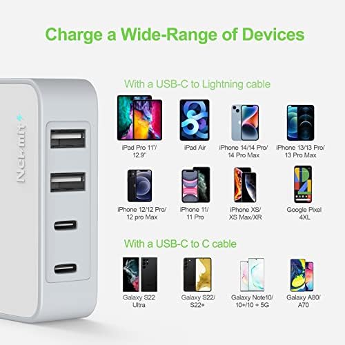Nekmit 52 W Ultra-Compact 4-Port USB C Fast Charger – Dual 20 W Power Delivery & Dual USB Ports for Rapid Charging of i Phone 13, Galaxy, Pixel, i Pad Pro & More – Sleek Design for Home, Office & Travel Efficiency