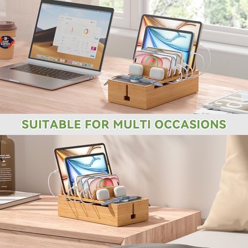 Pezin & Hulin Eco-Friendly Bamboo Cable Management Box – Sleek Desktop Organizer with 6 Cables for Tidy Charging Station, Stylish Wire Organizer for Electronic Devices, Enhances Workspace Efficiency and Aesthetics