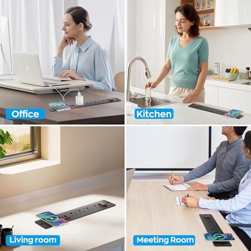 Recessed Power Strip with Integrated 15 W Wireless Charger – Versatile Desktop Charging Station Featuring 2 USB-C Fast Charging Ports & Dual AC Outlets for Home and Office Use – Streamlined Design for Clutter-Free Spaces & Enhanced Device Compatibility