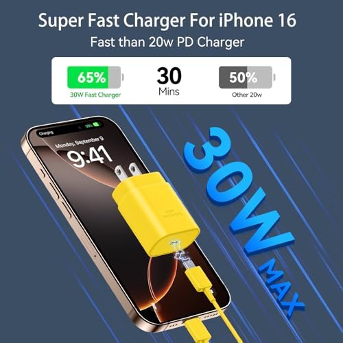 30 W USB-C Fast Charging Block with 10 FT Type C Cable – Ultimate Charging Solution for i Phone 16/15 Series and Beyond – Compact, High-Efficiency Power Adapter for Home and Travel Use – Safe and Reliable Device Charging