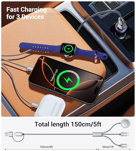 Temdan 2-Pack 5 ft 3-in-1 Charging Cable for Apple Devices – Ultimate Travel Solution with USB A, Type C & Lightning Connectors for i Phone 12-16, i Pad, and Apple Watch Ultra & SE – Durable, Versatile, and Hassle-Free Power Anywhere