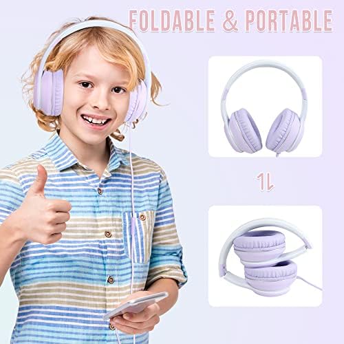 Rockpapa L22 Purple Over-Ear Headphones for Kids & Women – Lightweight, Foldable, and Durable Wired Design with Built-In Microphone for Clear Hands-Free Communication, Perfect for School, Travel, and Daily Use – High-Quality Stereo Sound and Tangle-Free Cord for Seamless Audio Enjoyment