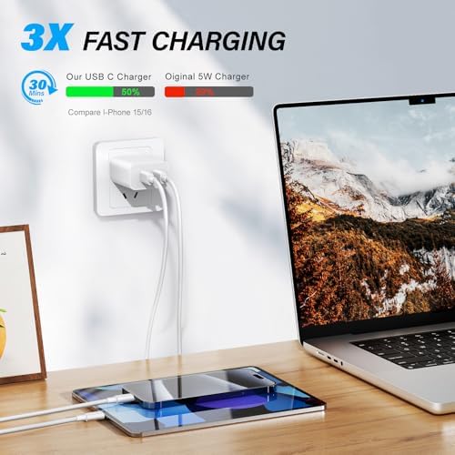 Rapid Charge Dual-Port 20 W USB-C Power Adapter & 6 FT Cable for i Phone 16/15, S24, S23 – Efficient Fast Charging Solution for Home & On-the-Go Use – Sleek White Design with Enhanced Compatibility and Durability