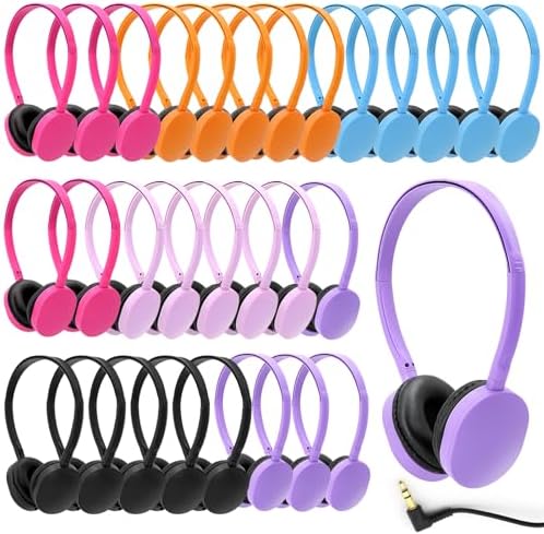 Vibrant 12-Pack Kids Classroom Headphones – Durable Multi-Color Wired Design with Adjustable Headband and 3.5 mm Jack for Optimal Comfort and Versatility – Perfect for Schools, Libraries, and Educational Settings – Lightweight and Resilient for Extended Use by Children and Teens