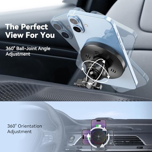 Mag Safe Car Mount Charger with 15 W Fast Wireless Charging – Magnetic Air Vent Holder for i Phone 12-16 Pro Max & Samsung S25 Series – Stylish RGB LED Design for Enhanced Compatibility and Efficient Power Delivery