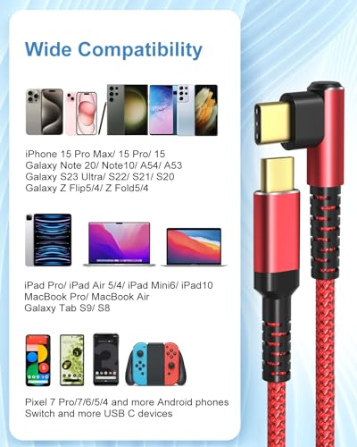Enhanced 10 ft Right Angle USB C to USB C Cable – 60 W Fast Charging and Data Transfer for i Phone 16, Mac Book, Galaxy S24 – 4-Pack Durable Braided Design for Optimal Performance and Convenient Use