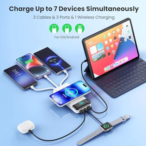 Ultimate 40800 m Ah Multi-Device Wireless Power Bank with Integrated Cables – 15 W Fast Charging Hub for i Phone 16/15/14/13/12 and Samsung Galaxy Series – Exceptional Portability, PD QC 4.0 Technology, LCD Indicator, Lightweight Design for Effortless On-the-Go Power Solutions – Unrivaled Compatibility and Safety Assurance