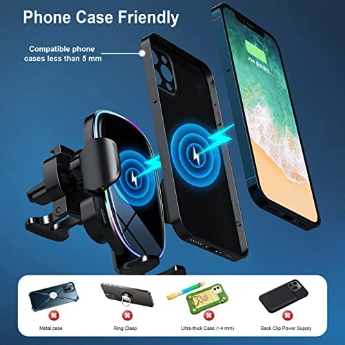 SOARUN Wireless Car Charger Mount with Dynamic 7-Color LED Backlight – 15 W Fast Charging Auto-Clamping Phone Holder for i Phone 14 Pro, 13, 12 & Samsung S23 Ultra, S22 – Enhanced Compatibility & 360-Degree Rotation for Safe Driving and Optimal Viewing