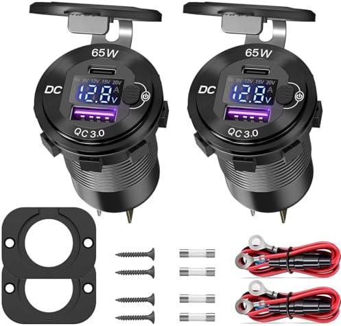 High-Power 12 V USB Charger with Waterproof Aluminum Casing – 65 W PD USB-C & Quick Charge 3.0 for RVs, Boats, and Golf Carts – Built-in Voltmeter & Energy-Efficient Switch for Reliable Performance and Enhanced Compatibility