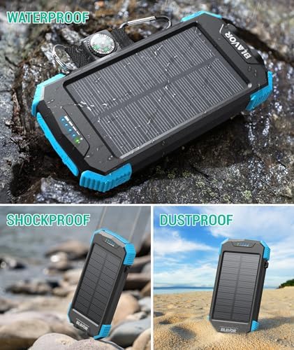 Ultimate BLAVOR Solar Charger Power Bank – 10,000 m Ah Portable Wireless Battery Pack with 20 W Fast Charging, USB-C Compatibility, Solar Panel for Sustainable Energy, and Dual Flashlight for Outdoor Adventures – Essential Gear for Campers and Hikers