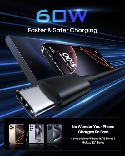 15 FT Premium USB C to USB C Fast Charging Cable – 60 W PD3.0 Compatible Charger for i Phone 16/15 Pro and Samsung S24/S25 – Extra Long TPE Design for Enhanced Durability and Flexibility – Ideal for i Pad Pro and More