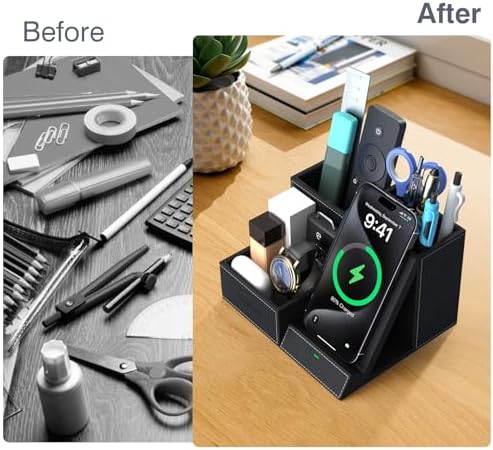 Premium PU Leather Wireless Charging Station & Desk Organizer for i Phones – Fast, Stylish Charging Dock with Integrated Pen Holder – Ideal Gift for Men and Essential Office Accessory in Elegant Black – Boost Productivity & Organize Your Workspace